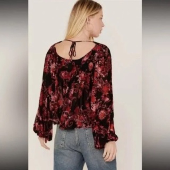 Free People Shirt Size Large RED Mesh Floral  Up for Anything Top Peasant - Picture 1 of 16